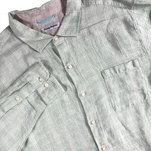 Tommy Bahama Linen Button Up Shirt‎ Men's XXL Light Green Plaid Coastal Resort